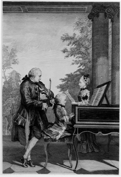 Leopold Mozart e i suoi due figli, Wolfgang Amadeus e Maria-Anna (Nannerl) da Louis Carrogis dit Carmontelle